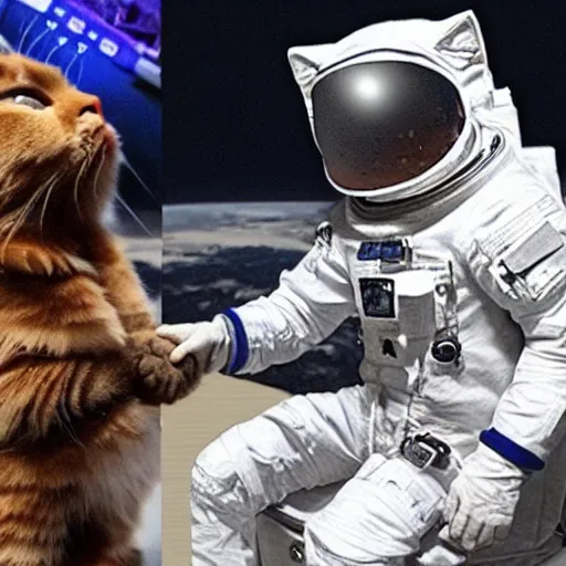 Image similar to cat astronaut shakes the hands with trump