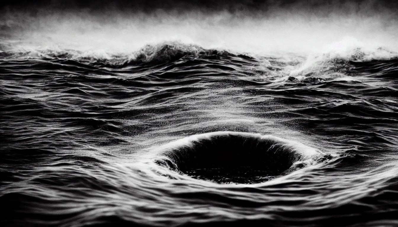 Image similar to void, whirlpool in the middle of the lake, waves, dark, atmospheric, scary, claustrophobic, ambient vibe, very detailed, black and white, 4 k