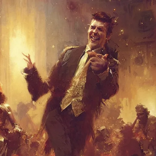 Image similar to an elated chancellor, dancing a jig, character portrait by greg rutkowski, gaston bussiere, craig mullins