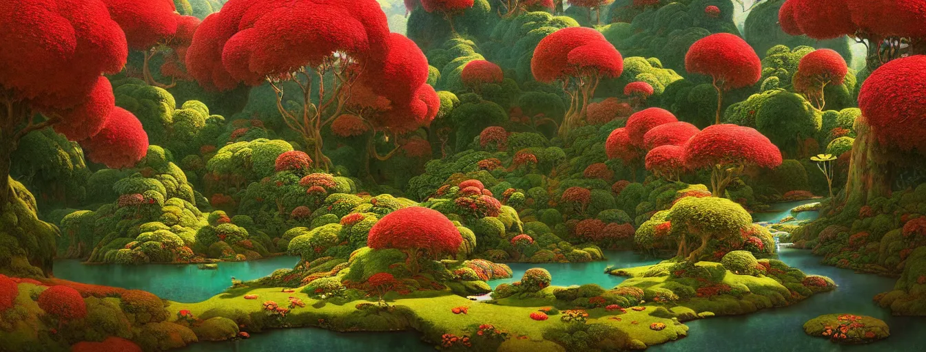 Prompt: a gorgeous very early spring series of lush islands separated by flower - lined streams, twisted gardens, flowers, fern fronds, all red, painting by barlowe wayne maxfield parrish and marco mazzoni. tree no leaf!!!! china mountain village!! very little light verdancy. ultra clear detailed. 3 d, octane render