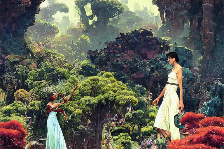 Image similar to pulp scifi illustration, elegant woman meets lizard alien in beautiful garden, flowers, baobab trees, distant town in valley and hills, spacehip lands, by norman rockwell, jack kirby, john berkey, bergey, craig mullins, ruan jia, raymond swanland, jeremy mann, beksinski, tom lovell, alex malveda, schomburg