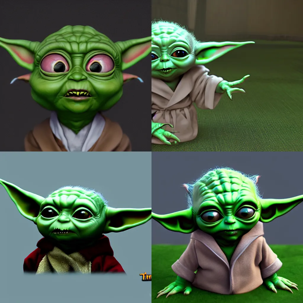 Prompt: Baby Yoda in style of Tim Burton, Unreal Engine 5, Artstation