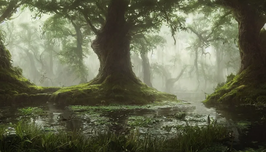 Image similar to A highly detailed matte painting of Shrek's huge swamp, by Studio Ghibli, Makoto Shinkai, by Artgerm, by WLOP, by Greg Rutkowski, volumetric lighting, octane render, 4K resolution, trending on artstation, masterpiece