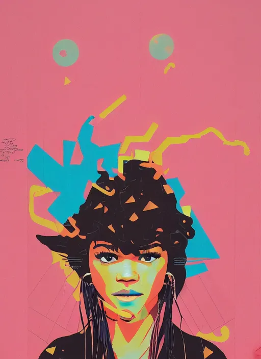 Image similar to Zendaya in Euphoria by Sachin Teng x Supreme :5 attractive, stylish, designer , asymmetrical, Matte Painting , geometric shapes, hard edges, graffiti, street art:2 Masterpiece, impressive detail, colorful, by Sachin Teng:4