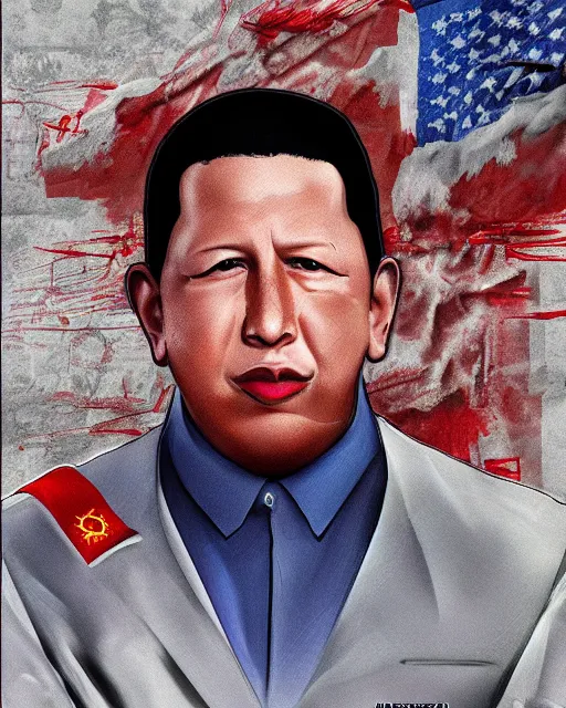 Prompt: Digital presidential anime art of Hugo Chavez by A-1 studios, serious expression, empty warehouse background, highly detailed, spotlight