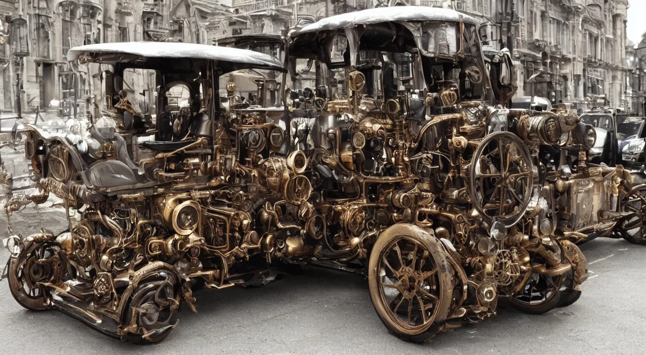 Image similar to a steampunk car