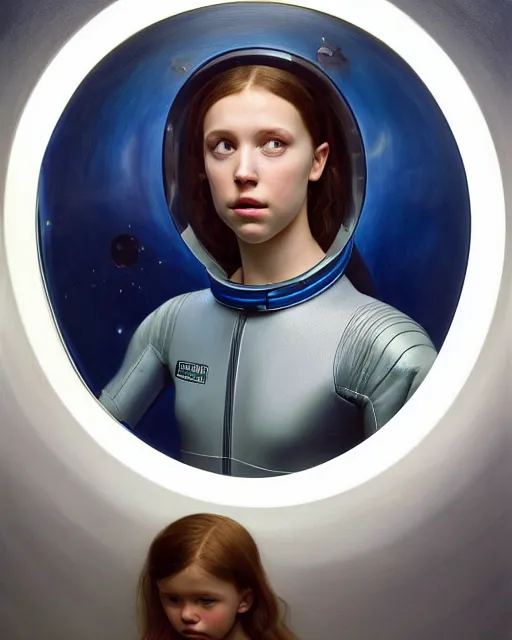 Image similar to a window - lit realistic portrait painting of a thoughtful girl resembling a young, shy, redheaded alicia vikander or millie bobby brown wearing a futuristic skintight spacesuit by a lit round space station porthole, highly detailed, intricate, by vermeer, and donato giancola