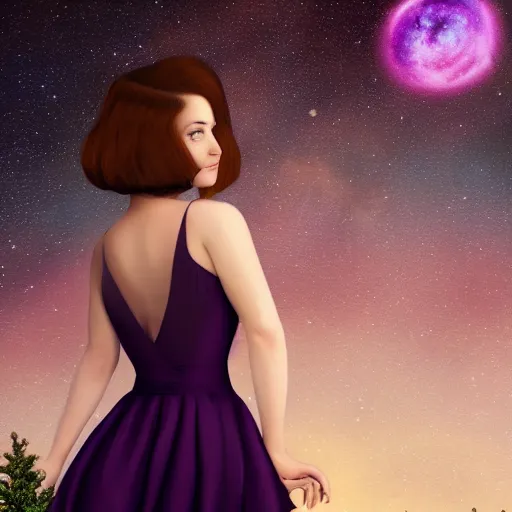 Prompt: an hd photo of a young woman with short brown hair and green eyes, purple dress, beautiful trees in the background, night sky with stars and galaxies, trending on artstation