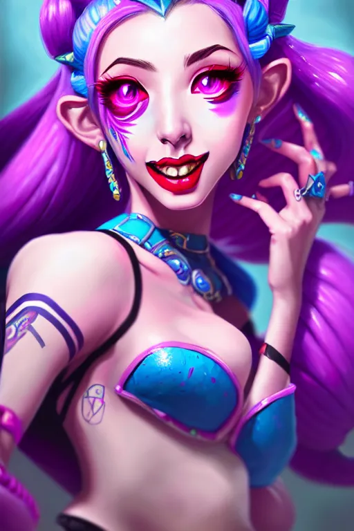 Image similar to a ultradetailed beautiful painting of jinx from league of legends, trending on artstation