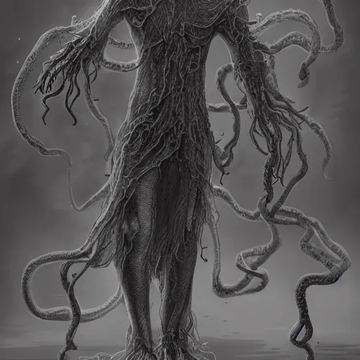 Image similar to concept designs for an ethereal wraith like figure with a squid like parasite latched onto its head and long tentacle arms that flow lazily but gracefully at its sides like a cloak while it floats around a forgotten kingdom in the snow searching for lost souls and that hides amongst the shadows in the trees, this character has hydrokinesis and electrokinesis for the resident evil game franchise with inspiration from the franchise Bloodborne and the mind flayer from stranger things on netflix and concept art from BioShock infinite