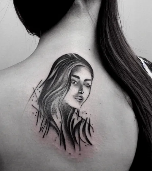Image similar to tattoo design sketch of the most beautiful woman portrait faded with a background of beautiful mountains on her side, hyper - realistic, double exposure effect, in the style of den yakovlev, amazing detail, black and white, faded