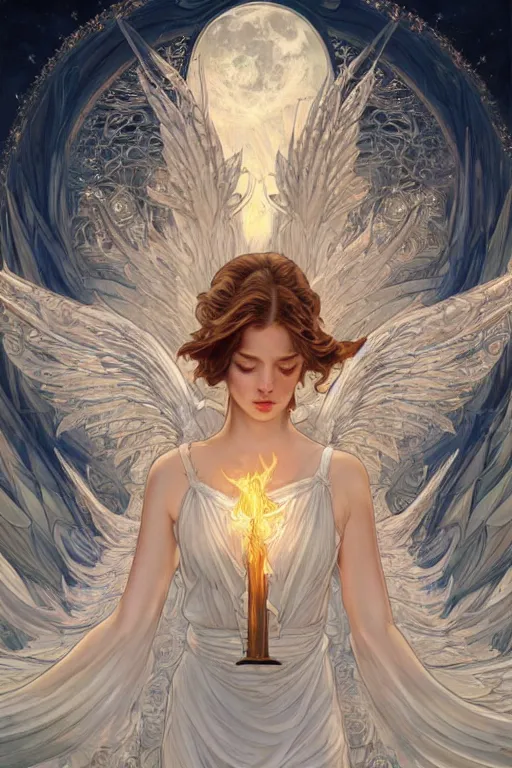 Prompt: phoenix angel in white dresses of fireflies and flameches, symmetrical facial features, flames intricate stainglass and moonlight landscape background, elegant, highly detailed, digital painting, artstation, concept art, matte, sharp focus, illustration, intricate art nouveau frame, art by Artgerm and Greg Rutkowski and Alphonse Mucha
