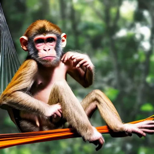 Image similar to a monkey playing the guitar while in a hammock, photorealistic, 4 k