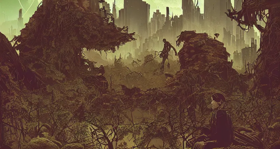 Image similar to poster artwork by michael whelan and tomer hanuka, portrait of druid in postapocalyptic city intertwined with nature and forest floating in in the clouds of jupiter, epic composition, clean, art deco