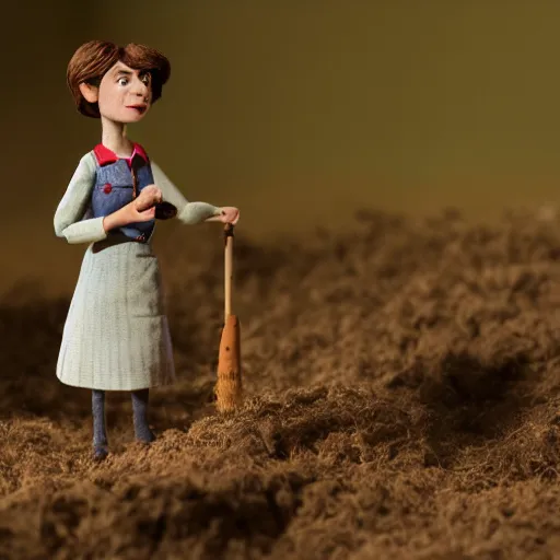 Image similar to a cinematic film still of a claymation stop motion film starring anne hathaway as female farmer with pitchfork, shallow depth of field, 8 0 mm, f 1. 8