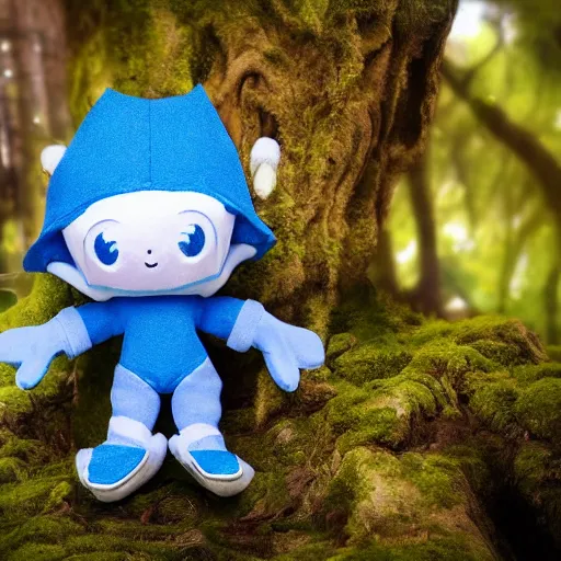 Image similar to blue snappy gifts mascot from snappy. com as plush doll in magical forest, gifts, dark atmosphere, high detail, soft lighting, 8 k