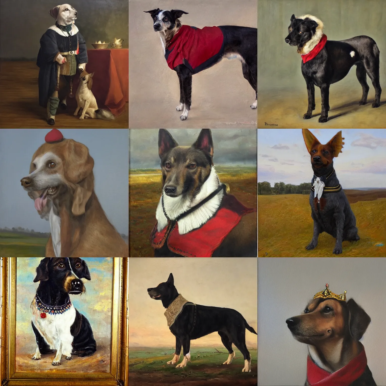 Prompt: danish-Swedish farm dog dressed like a king, oil on canvas,