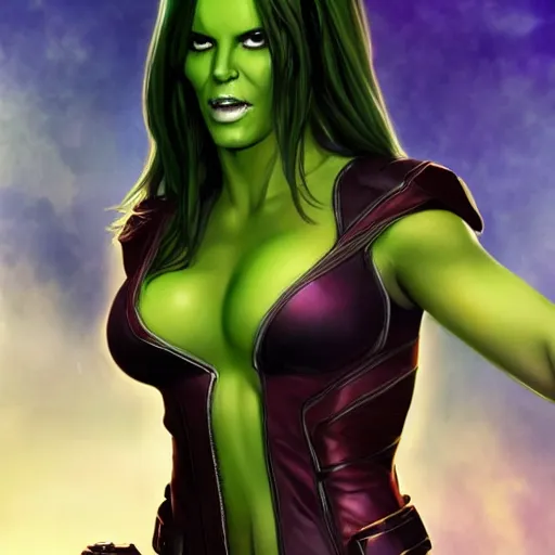 Image similar to full body portrait of kate beckinsale as gamora ( guardians of the galaxy ), beautiful face, digital art