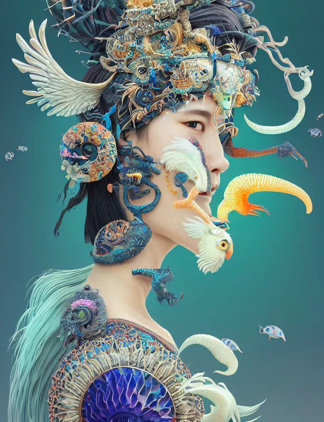 Image similar to 3 d goddess close - up profile solarpunk portrait ram skull. beautiful intricately detailed japanese crow kitsune mask and clasical japanese kimono. betta fish, jellyfish phoenix, bio luminescent, plasma, ice, water, wind, creature, artwork by tooth wu and wlop and beeple and greg rutkowski