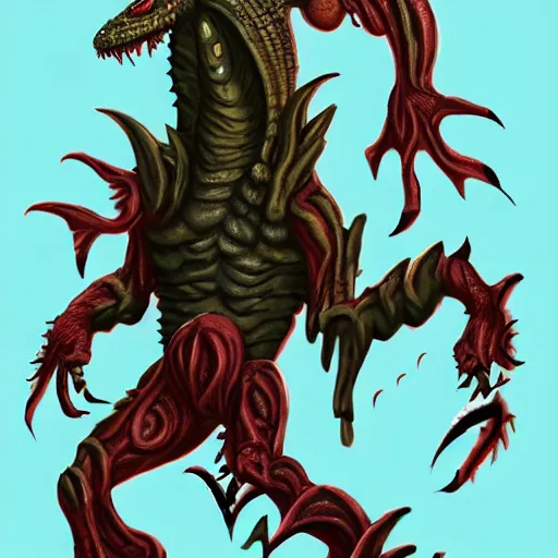 Image similar to big butcher anthropomorphic male lizardfolk posing scarily, scary angry pose, chasing you, bloody, covered in blood, fresh kill, cleaver, in a cave, earie setting, lovecraft eldritch horror, hyperdetailed, furaffinity, anthro art