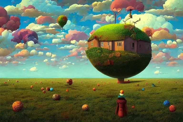 Image similar to surreal glimpse into other universe, floating island in the sky, summer morning, very coherent and colorful high contrast, art by!!!! gediminas pranckevicius!!!!, geof darrow, dark shadows, hard lighting