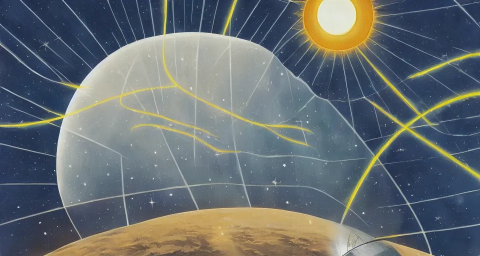 Image similar to solar sail in space, blocking the sun, seen from earth, art deco painting