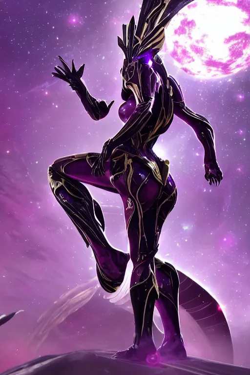 Image similar to galactic hyperdetailed elegant beautiful stunning giantess saryn prime warframe goddess rear shot, sharp spines, sharp metal ears, smooth purple eyes, smooth fuschia skin, silver armor, bigger than galaxy, epic proportions, epic scale, epic size, warframe fanart, destiny, furry, dragon art, goddess art, giantess art, furaffinity, octane render