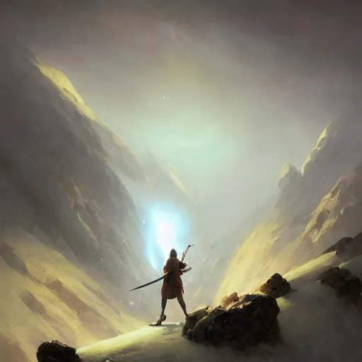 Prompt: a human with ancient sword who can kill gods is going to kill the viking god on a blizzard hills made by ivan aivazovsky, peter mohrbacher, greg rutkowski volumetric light effect broad light oil painting painting fantasy art style sci - fi art style realism premium prints available artwork unreal engine