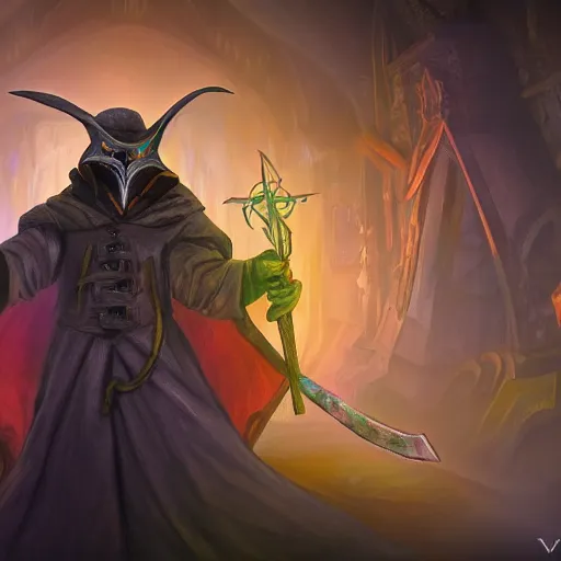 Image similar to wizard plague doctor, Casting a multi colored spell, highly detailed, concept art, D&D, Fantasy, Digital Painting, sharp focus, dynamic, lighting, 4k, by Viktor Antonov