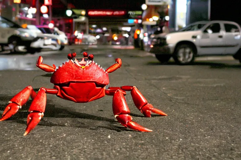 Image similar to a cute crab robot, in 2 0 0 2, at a mall, street style, crabcore, low - light photograph, photography by tyler mitchell