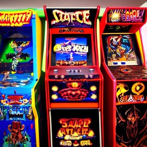 Image similar to retro arcade filled with satanic arcade cabinets, Canon eos, 8k hd resolution