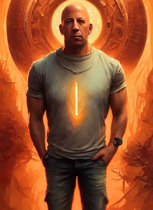 Image similar to Highly detailed portrait of vin diesel, Stephen Bliss, unreal engine, fantasy art by Greg Rutkowski, Loish, Rhads, ferdinand knab, Makoto Shinkai and Lois van baarle, ilya kuvshinov, rossdraws, Tom Bagshaw, alphonse mucha, global illumination, radiant light, detailed and intricate environment