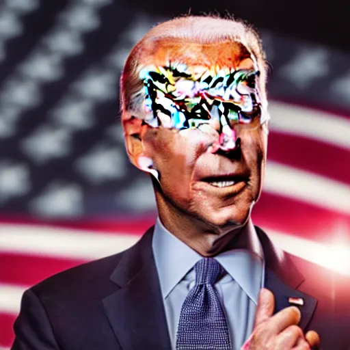 Image similar to cinematic shot of joe biden with glowing red eyes wearing dark combat armor, 8 k, very intricate, very detailed,