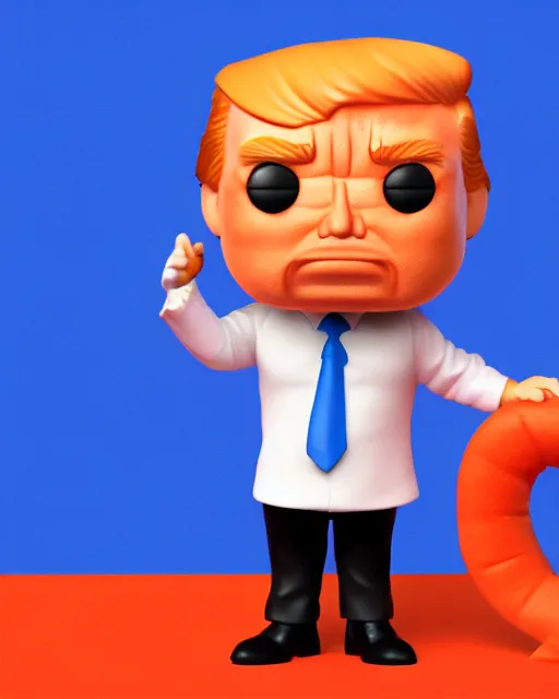 Image similar to full body 3d render of funko pop donald trump as a funko pop, orange wrinkly skin, studio lighting, white background, blender, trending on artstation, 8k, highly detailed