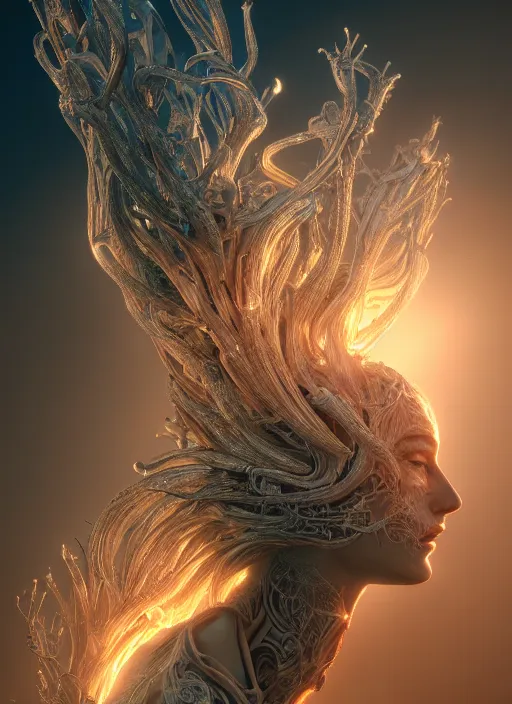 Image similar to stunning biomechanical incredible hair, masterpiece crystalline incrustations, hyperdetailed face, elegant pose, movie still, intricate, octane render, cinematic forest lighting, cgsociety, unreal engine, crepuscular rays, god rays