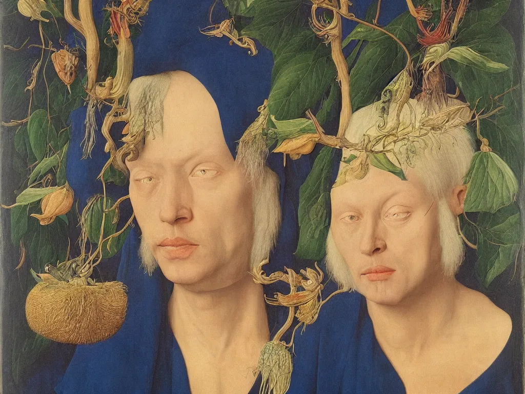 Prompt: Portrait of albino mystic with blue eyes, with beautiful exotic plant seed. Painting by Jan van Eyck, Audubon, Rene Magritte, Agnes Pelton, Max Ernst, Walton Ford