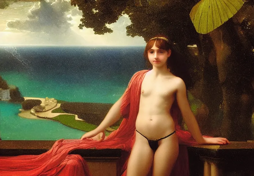 Image similar to Girl at the palace, refracted sparkles, thunderstorm, greek pool, beach and Tropical vegetation on the background major arcana sky, by paul delaroche, hyperrealistic 4k uhd, award-winning, very very very detailed