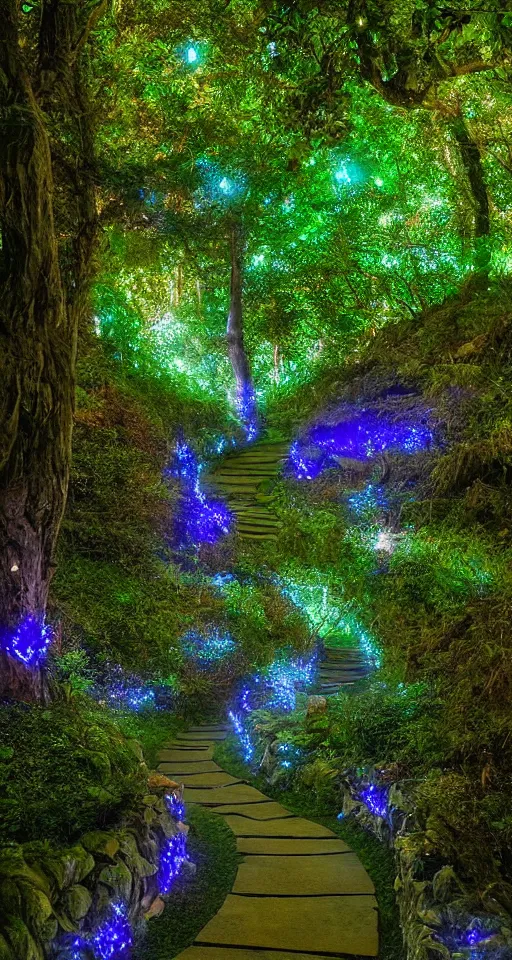 Image similar to a winding pathway through lothlorien, illuminated by an otherworldly glow