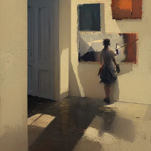 Prompt: two artists painting on a canvas, one paints a beautiful house, the other paints abstract art, by greg rutkowski, matte painting, light study, artstation