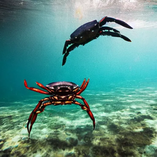 Prompt: crab swimming in black water pool