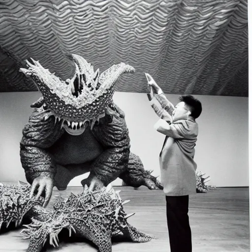 Prompt: studio shooting of Kim Jong-il escaping a Kaiju starfish monster, in the style of Herb Ritts and Irving Penn
