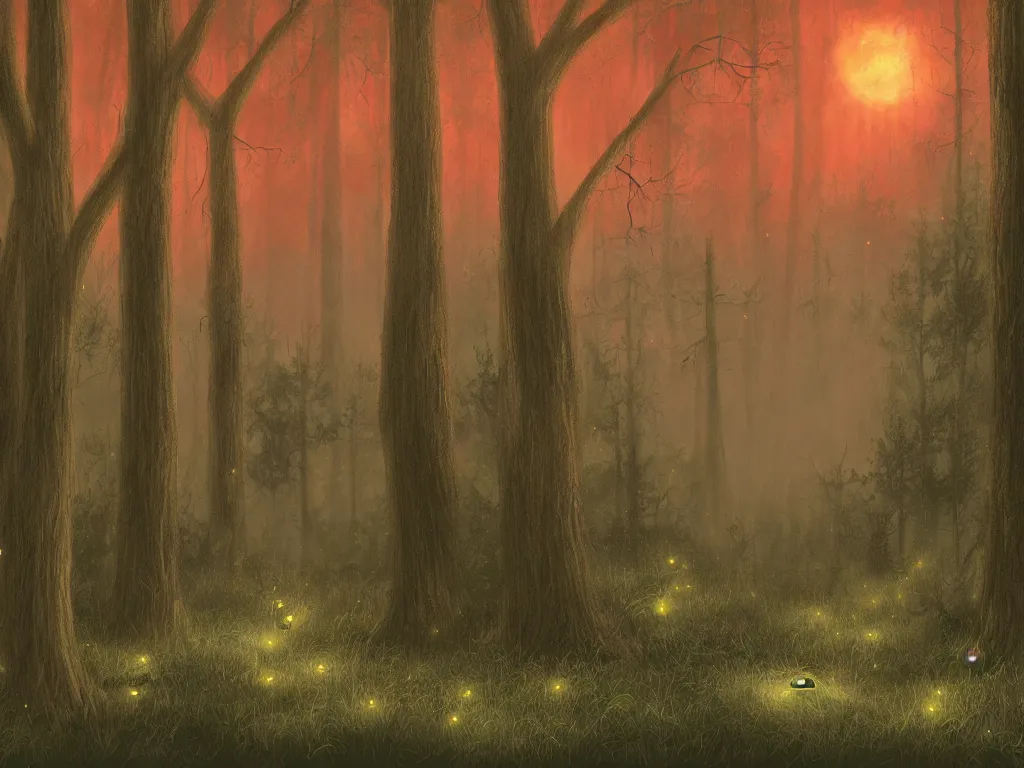 Prompt: Foggy thicket where fireflies fly. Detailed digital painting for a TTRPG.