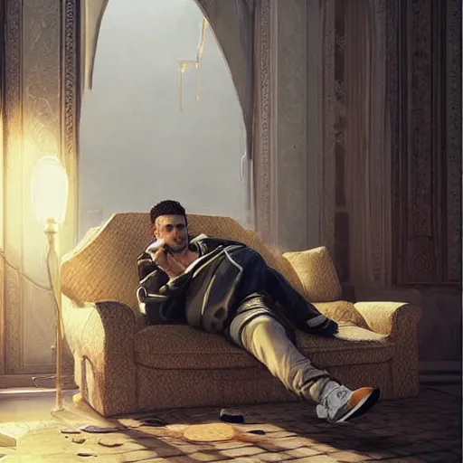 Prompt: Young middle-eastern Almighty God, wearing tracksuit sitting in armchair in poor european apartment. Perfect composition. Very very beautiful digital art in style of Greg Rutkowski, intricate stunning texture and details, fine detailed face. Trending on artstation. Dramatic lighting