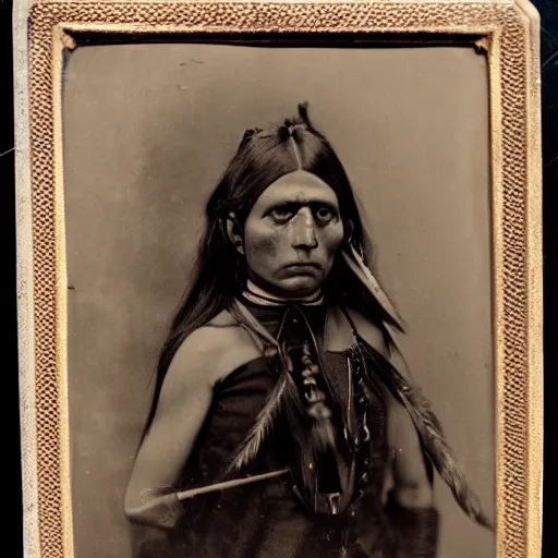 Prompt: victorian photo portrait of a scary horror monster and a native american warrior girl, 1825