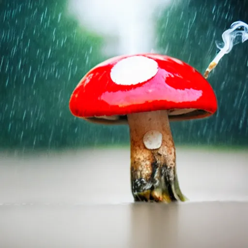 Image similar to mushroom smoking cigarette in the rain