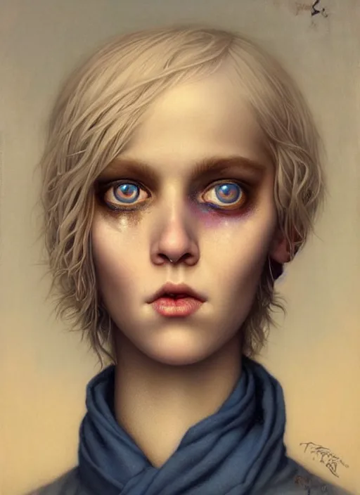 Prompt: an unnerving portrait of a potato with beautiful blue eyes and short blond hair, art tom bagshaw