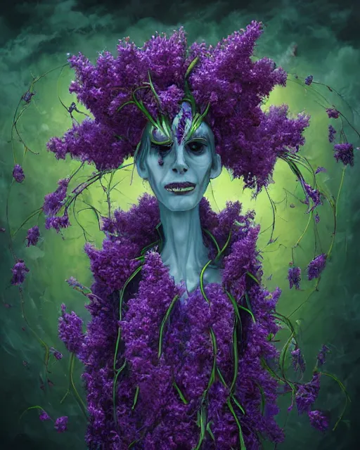 Image similar to Haunting horrifying detailed painting of a tall skinny extraterrestrial flower monster made of lilacs, roses, lilies and daffodils, light leak, spectrum, and bloodshot eyeballs, hyper detailed, trending on Artstation