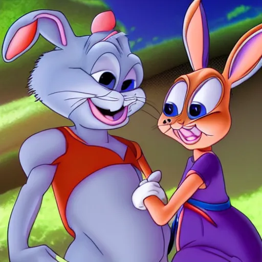 Prompt: Lola Bunny and Bugs Bunny holding hands, romantic lighting, cinematic, highly detailed