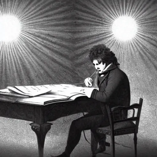 Prompt: beethoven's last days alive, he is sitting on his 1800s bed and writing a piece on a sheet of paper, sun flare.