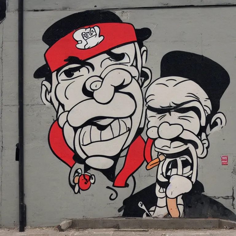 Image similar to Street-art portrait of Popeye the Sailor with the squinting (or entirely missing) right eye, huge forearms with two anchor tattoos, skinny upper arms, and corncob pipe. in style of Banksy, comic character, photorealism